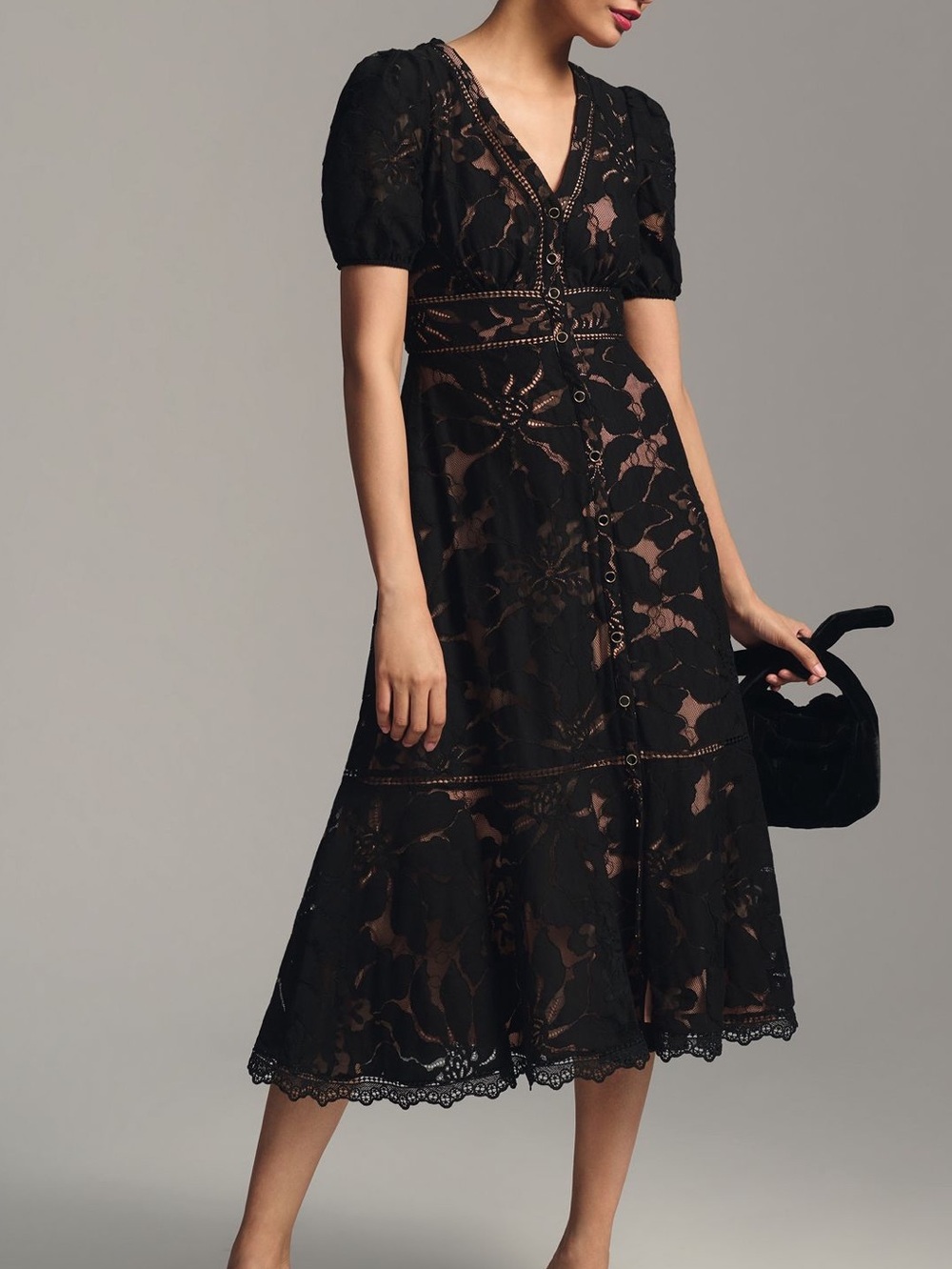 Anthropologie Puff Sleeve Lace Dress Ophelia Midi New Size 12 Black
